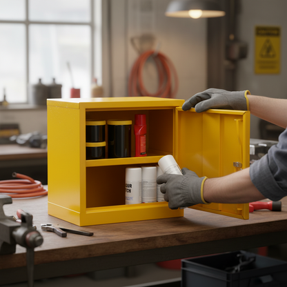 Flammable Liquids Storage Cabinet 13kg 457mm x 305mm x 457mm Yellow for Safe Chemical Storage